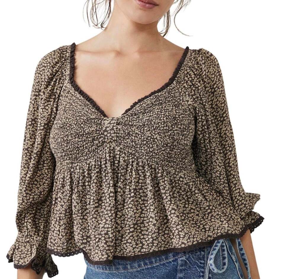Free People Brittnee Print Smocked Peplum Top Brown Combo